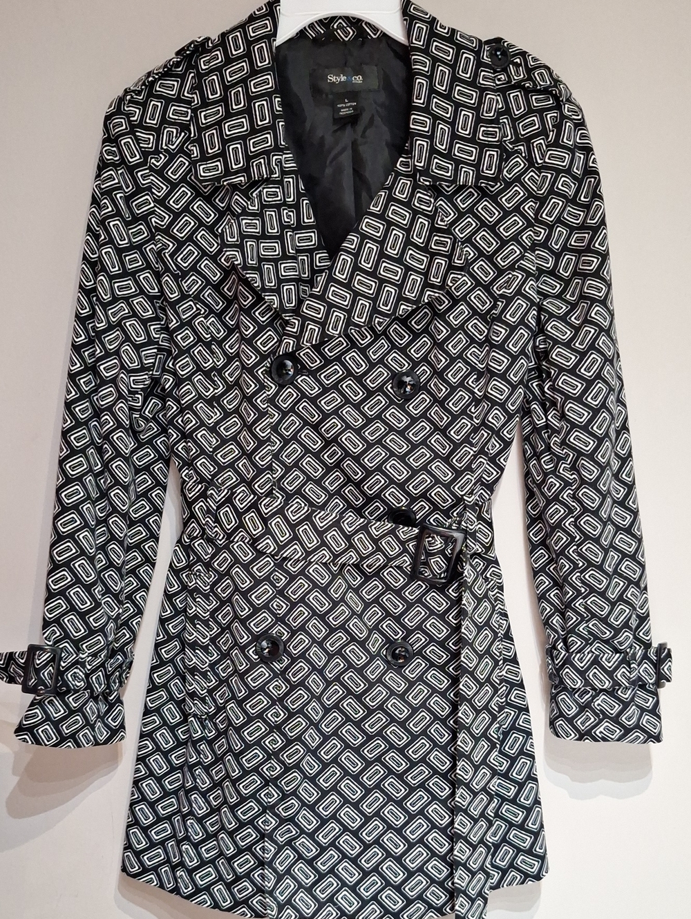 Style & Co. Black and White Geometric Trench Coat